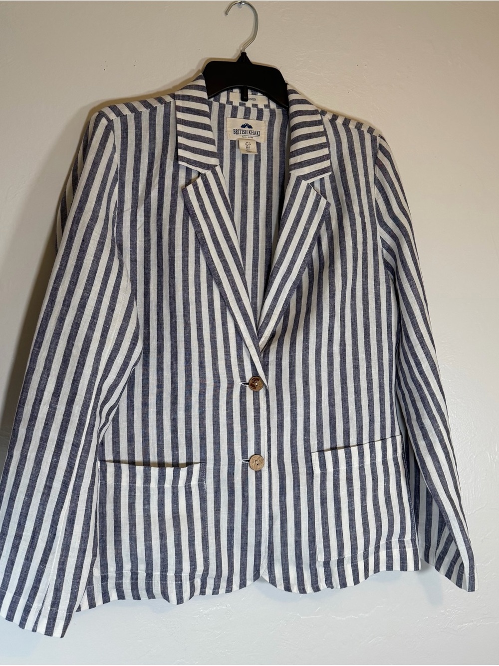 British khaki womens blazer 100% linen large striped coastal cottage core preppy